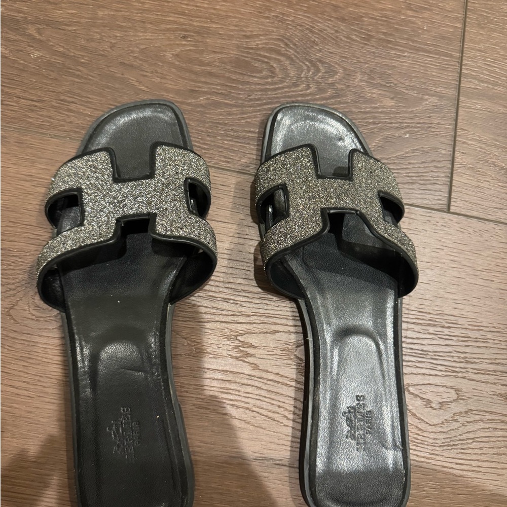 Hermes Black and Silver Glitter Sandals